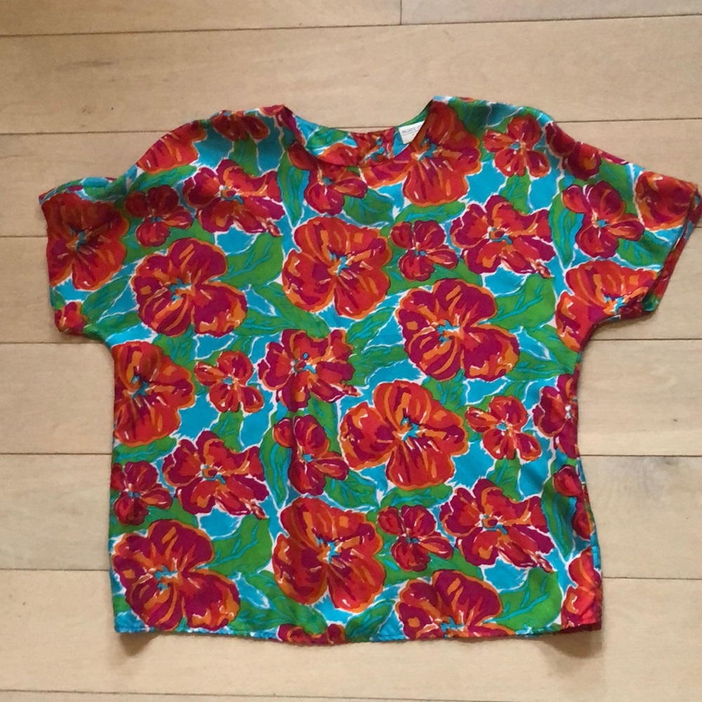 Bold bright red & blue floral silk short sleeve top